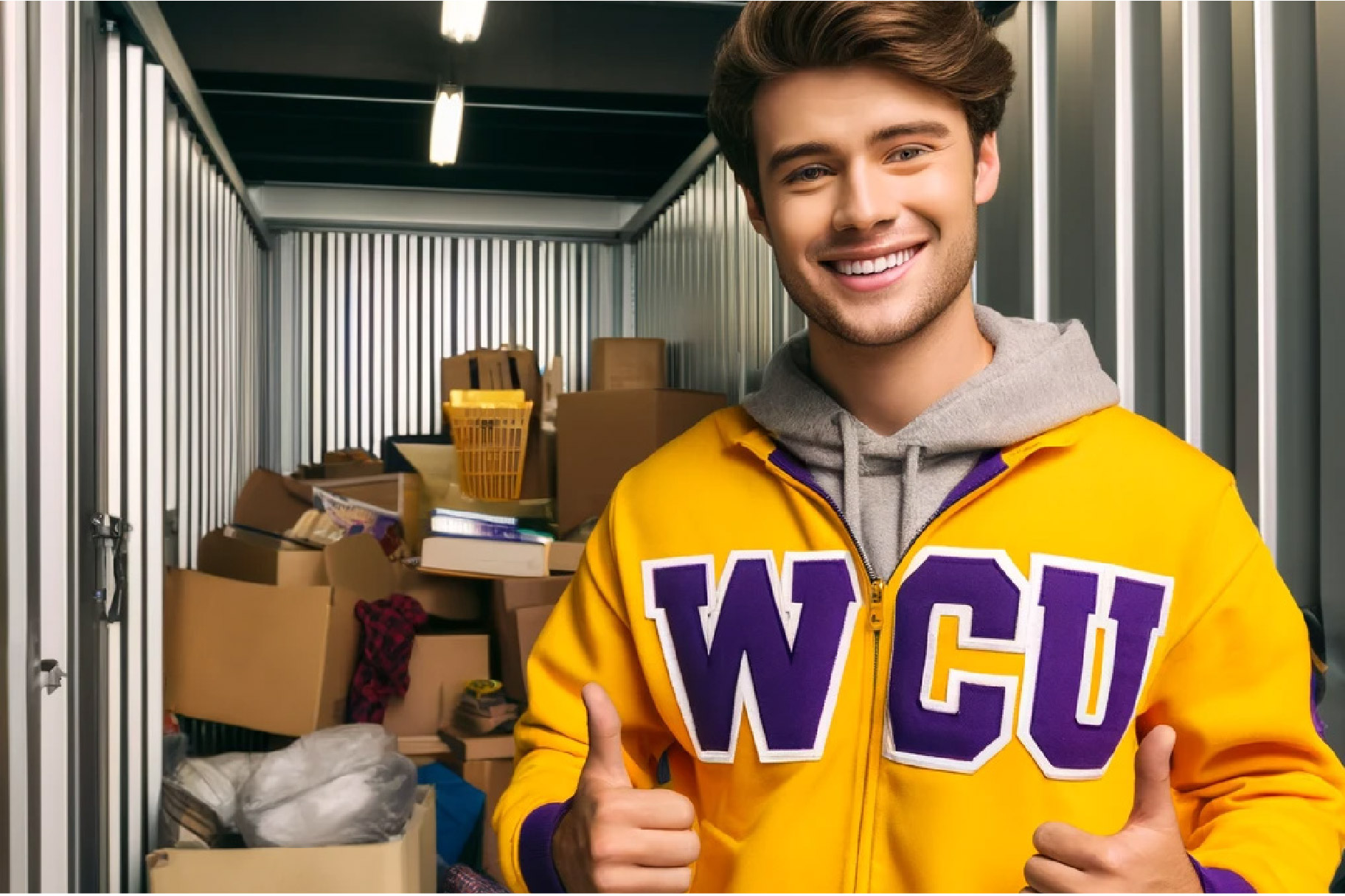 West Chester University student in front of self-storage unit